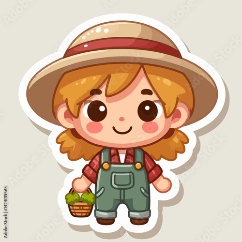 A cheerful cartoon girl farmer, wearing a straw hat and overalls, holds a basket of produce.