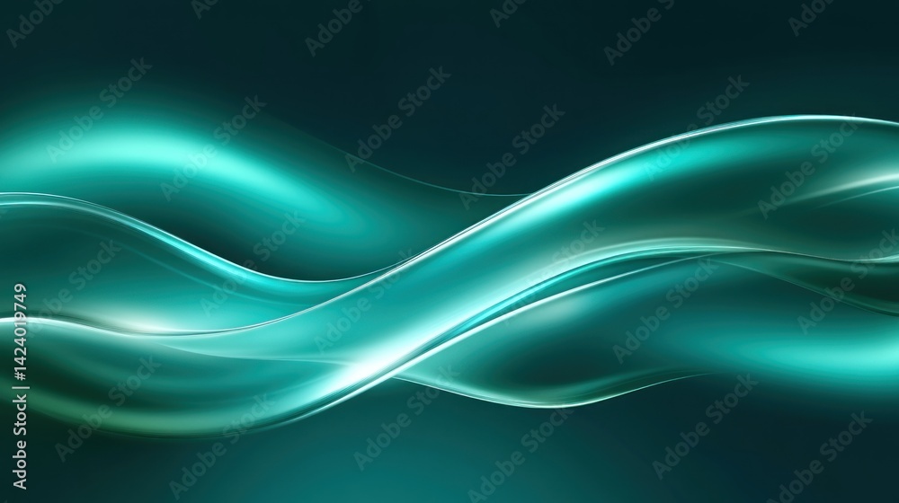 Teal, glowing, abstract waves on a dark background.