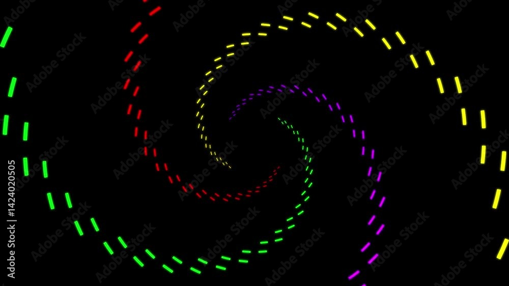 spiral animation on black background. Abstract color circle dashed motion graphics. circle pattern 4k video footage.