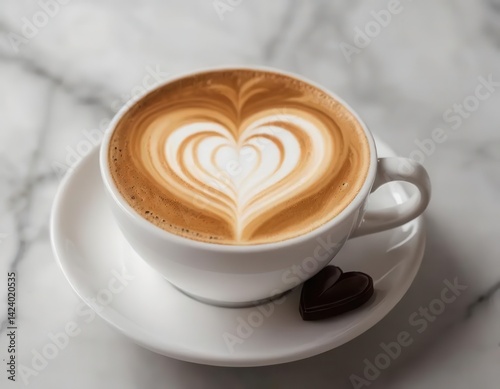 Heart-Shaped Latte Art in White Cup on Marble Surface