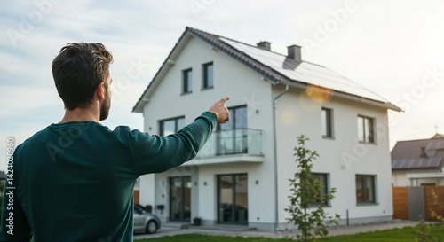 The image depicts a man standing in front of a house, pointing at it with his right hand, as if he is showcasing the solar panels on the roof; the scene is set against a serene backdrop.