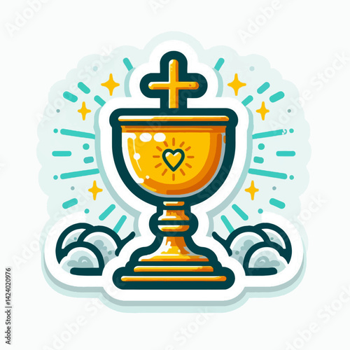 A stylized golden chalice, a symbol of Christian communion, is shown with religious design elements.