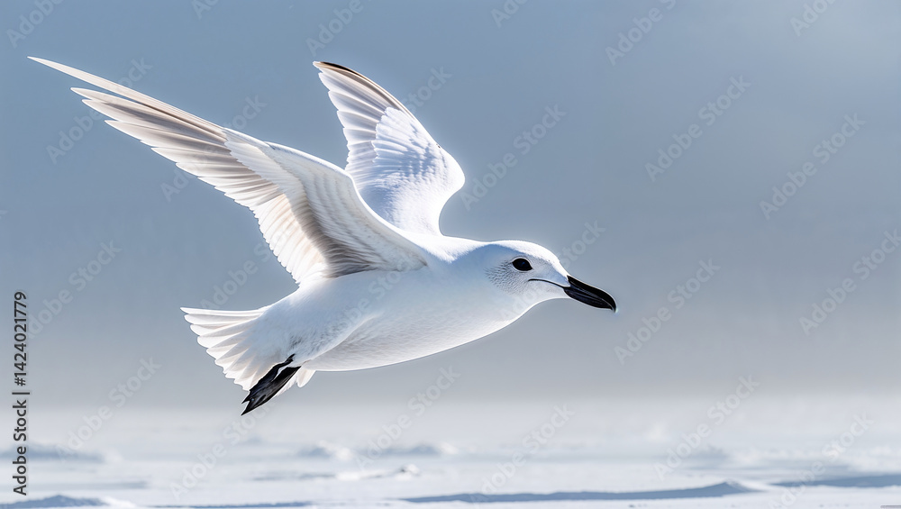 Obraz premium Ivory gull gliding over arctic ice floes with sunlight on feathers