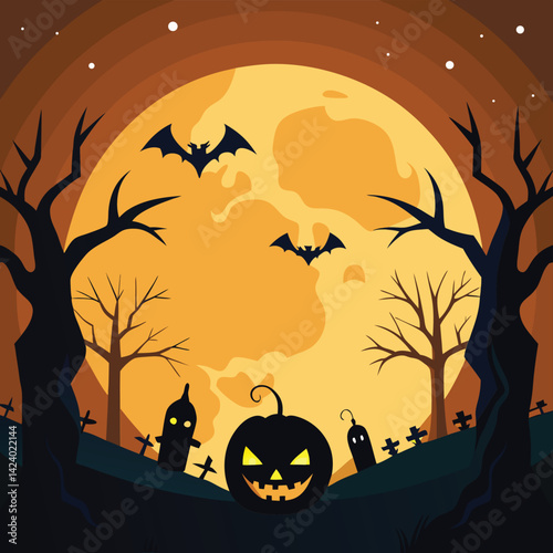 A vibrant Halloween scene featuring a large, ominous tree, a spooky castle, and jack-o'-lantern pumpkins under a full orange moon.