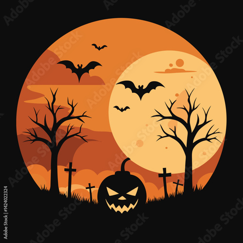 A vibrant Halloween-themed illustration showcasing a silhouette of a haunted mansion nestled in a graveyard under a full moon.