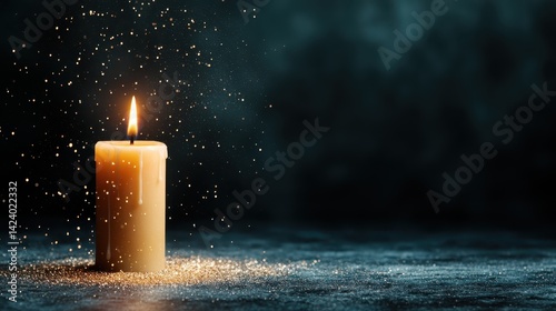 A single lit candle flickering softly in a darkened environment, surrounded by sparkling particles, creating a warm and inviting ambiance perfect for relaxation and reflection.