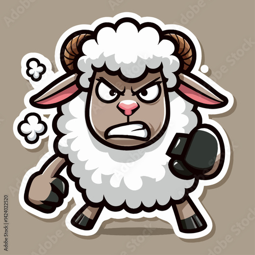 A cartoon sheep with angry expression, wearing boxing gloves,  is depicted in a dynamic stance, showcasing aggression.