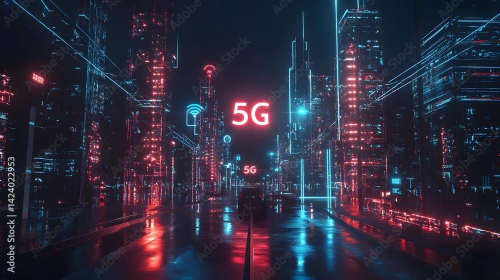 Fototapeta premium A vibrant network of glowing 5G towers with energy beams connecting to smart devices and vehicles, showcasing high-speed data flow and low latency in a futuristic urban setting, dynamic composition