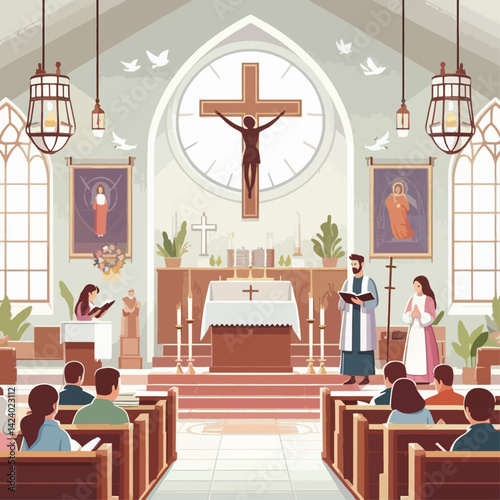 A depiction of a religious ceremony, showcasing a congregation, a priest and a large church interior.