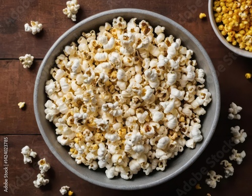 Freshly Popped Popcorn in Gray Bowl on Wooden Table Background