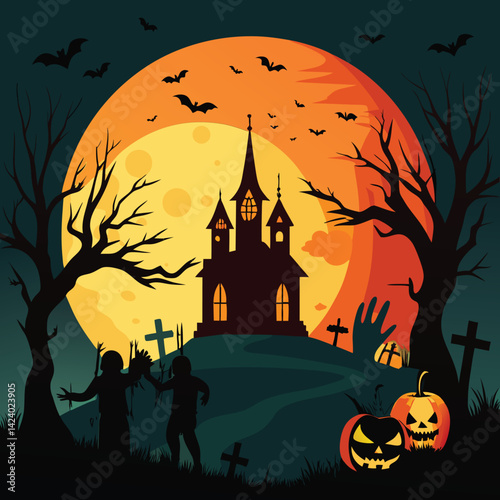A vibrant Halloween illustration featuring a full orange moon, silhouettes of trees, gravestones, and a jack-o'-lantern against a dark background.