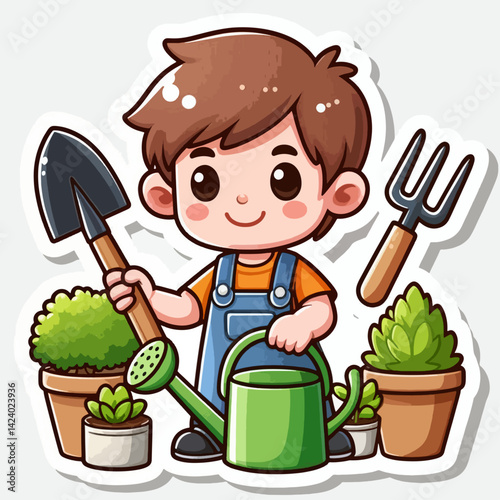 A joyful cartoon boy depicted tending to various plants in pots, holding a shovel and watering can.
