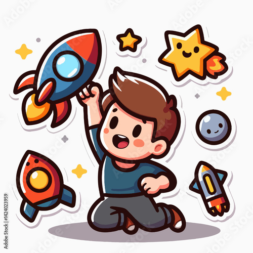 A cartoon boy enthusiastically plays with space rockets and celestial objects, full of excitement and childhood joy.