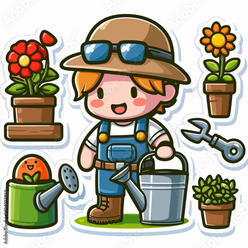 A cheerful cartoon character, a gardener, surrounded by flowers and gardening items.