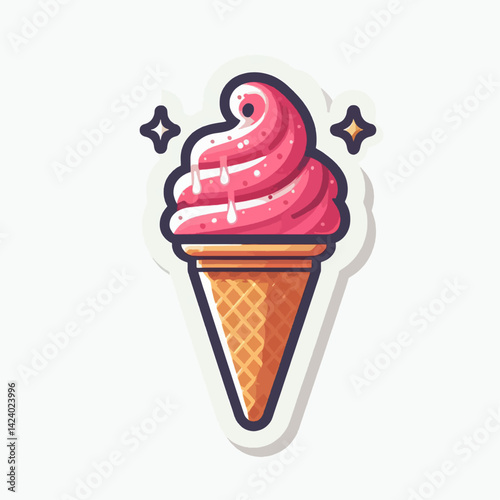 A stylized, cartoon-like image of a pink ice cream cone, dripping with a sweet topping.
