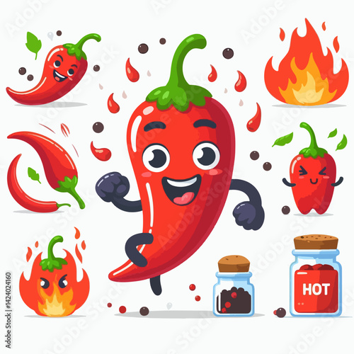 Collection of cartoon chili peppers, peppercorns, and flames, featuring diverse character designs.