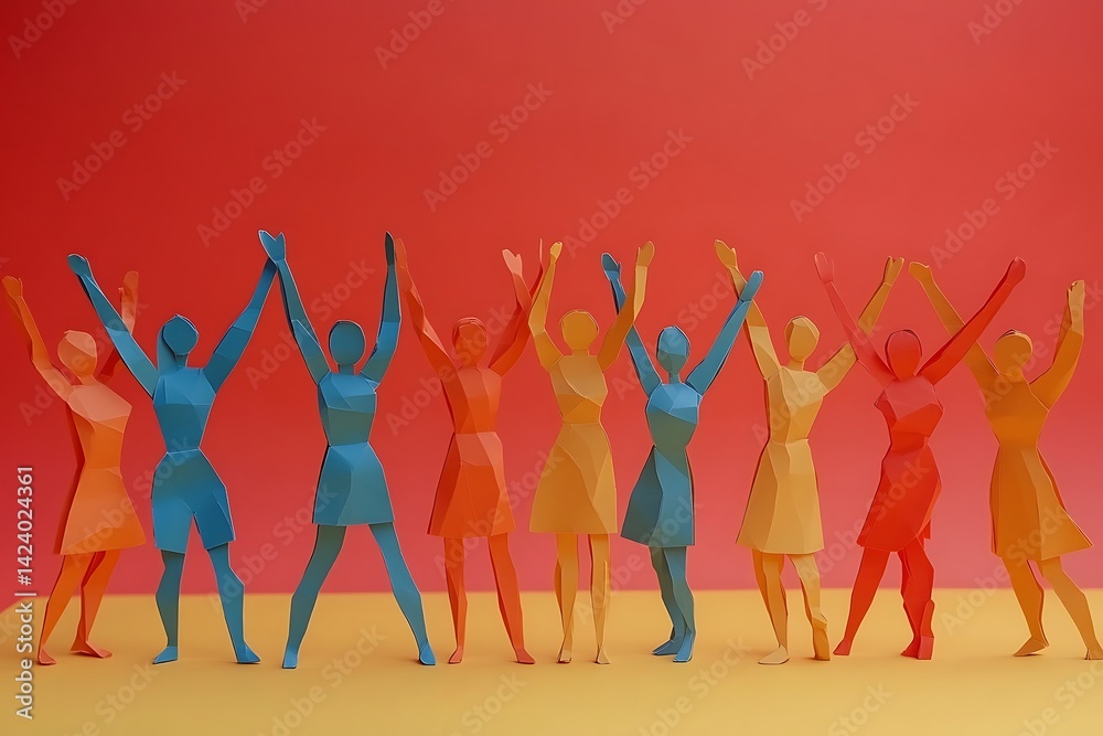 Joyful Women Group Papercraft Figures Raised Hands Yellow Background Joyful Women Group Papercraft Figures Raised Hands Yellow Background
