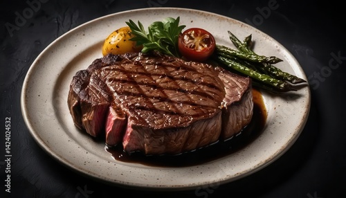 Grilled Beef Steak with Vegetables on a Dark Rustic Plate