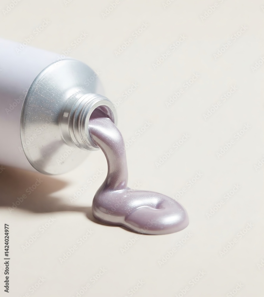 Close-up of a pearlescent paint squeezed from a blank tube on a light minimal background. Close-up of a pearlescent paint squeezed from a blank tube on a light minimal background.