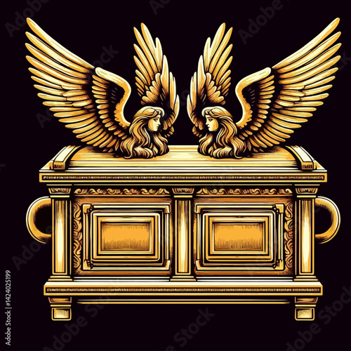 A golden ark, representing the biblical Ark of the Covenant, topped with winged, female angelic figures.