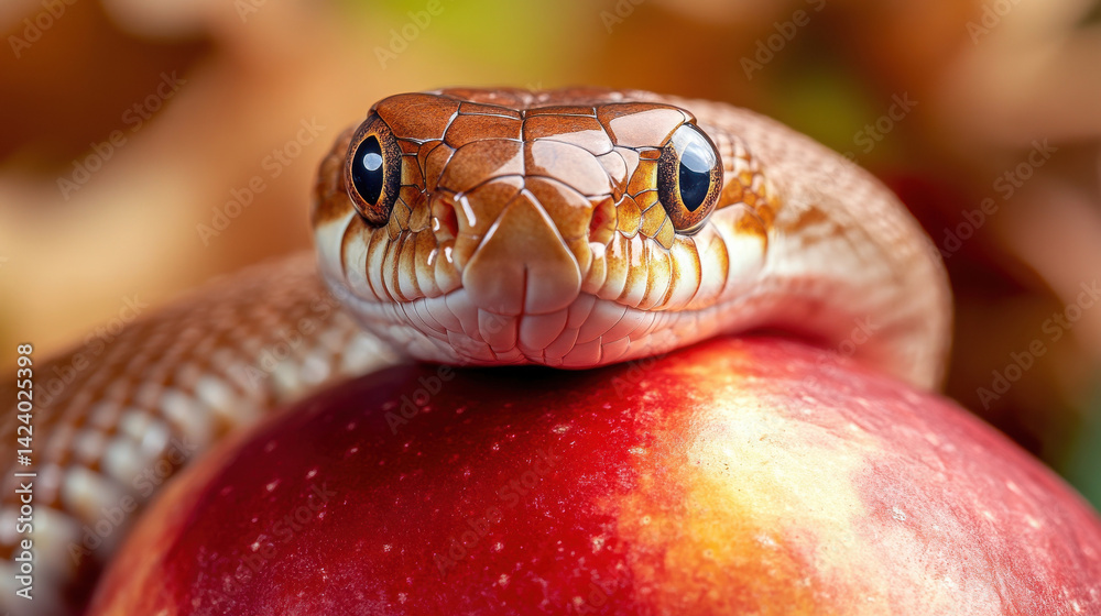 Fototapeta premium Snake on Red Apple: A captivating close-up unveils a serpent coiled atop a vibrant red apple, highlighting the textures and tones of the scaled reptile and the fruit with a striking background.