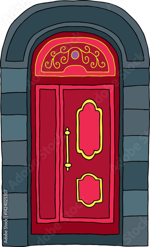 closed beautiful classic antique arched red door with yellow pattern above the door with decorative yellow elements in arched stone frame, hand drawing, black curved lines