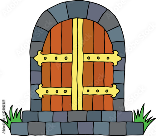 closed antique medieval arched double wooden door with golden lintels in stone wall with stone steps leading to door and plants near steps, hand drawing, black curved lines