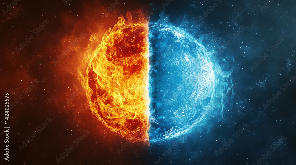 Obraz premium Celestial Duality: A striking image of a half-fiery, half-icy celestial body. It evokes a sense of balance between opposing forces of nature, light and darkness, heat and cold.