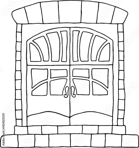 closed double door with decorative openings in stone frame and stone steps leading to the door, hand drawing, black curved lines