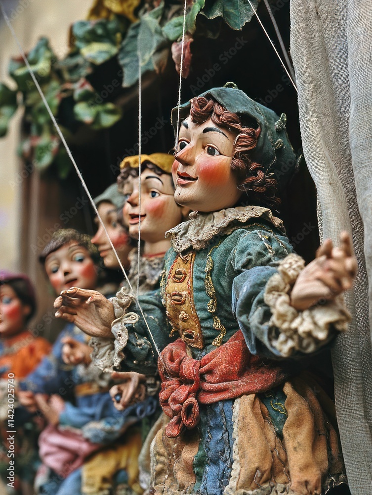 Obraz premium Vintage Marionettes with Expressive Faces Awaiting Their Performance On Stage
