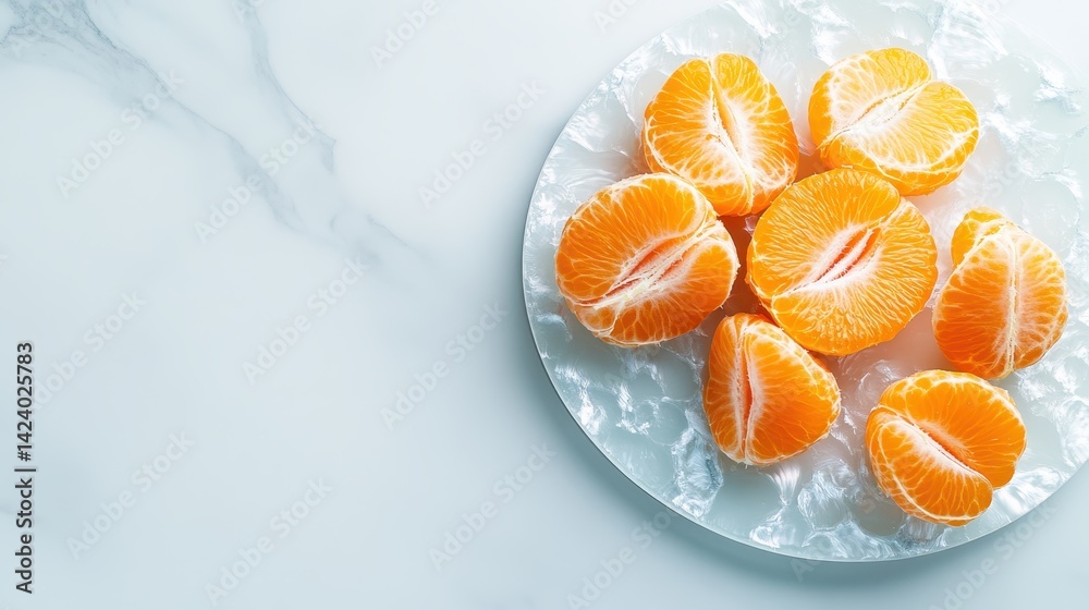 An appealing display of juicy orange slices arranged on a shiny plate, showcasing their texture and freshness, symbolizing health and culinary delight.