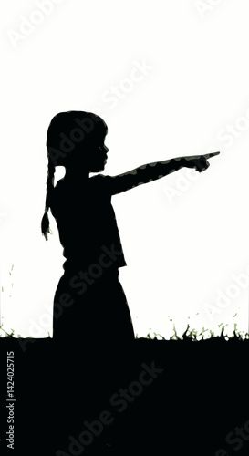 A silhouette of a young girl with pigtails, standing in grass and pointing towards something in the distance against a bright white background. childhood wonder
