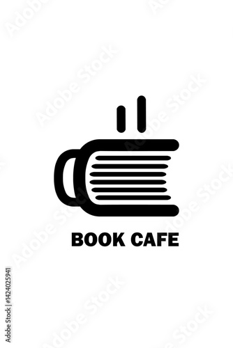 Minimalist black and white logo design for a book cafe. Perfect for branding a coffee shop, book store, library cafe, or literary club. Vector-style emblem with modern, clean lines.