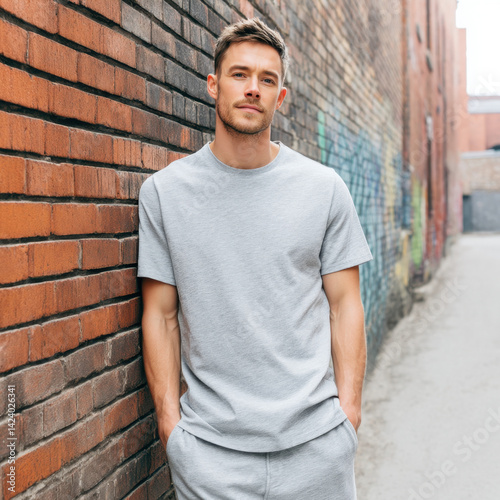Stylish man poses casually against a brick wall in a relaxed grey outfit, looking cool and confident
