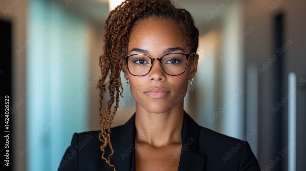 A confident Black woman wearing glasses in a sleek business attire, showcasing professionalism and determination in a modern office environment filled with natural light.