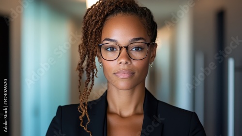 Obraz na płótnie A confident Black woman wearing glasses in a sleek business attire, showcasing professionalism and determination in a modern office environment filled with natural light. w salonie
