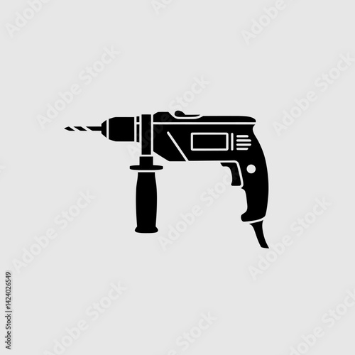 Black Electric Drill Icon, Detailed Vector Illustration on Gray Background