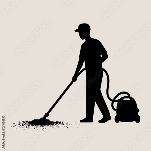 Man vacuuming silhouette. Janitorial service worker cleans floor.