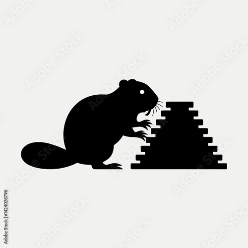 Busy Beaver Silhouette Building a Dam with Logs, Animal Vector Illustration