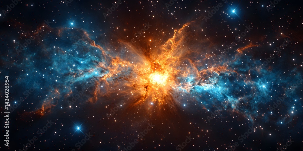 Vibrant supernova explosion radiates intense orange and yellow light, surrounded by glowing blue and orange gas filaments against distant stars in deep space. Vibrant supernova explosion radiates intense orange and yellow light, surrounded by glowing blue and orange gas filaments against distant stars in deep space.