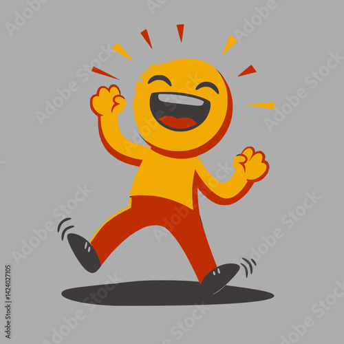A vibrant yellow cartoon figure in red pants and black shoes, leaping with clenched fists and a wide, happy smile, radiating colorful energy on a gray background. international day of happiness
