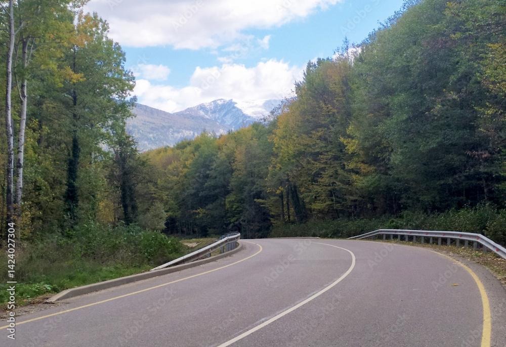 Fototapeta premium paved highway in a mountainous area in early autumn with panoramic views