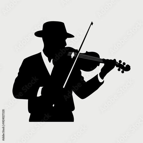 Silhouette of a Violinist Playing the Fiddle in Hat and Suit