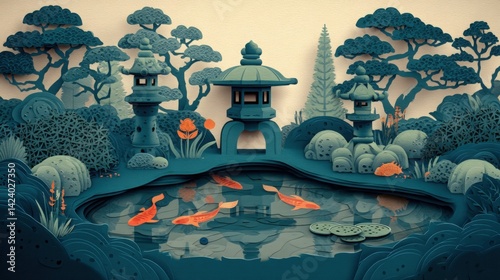 Papercut style Japanese garden with koi pond and stone lanterns, symbolizing tranquility and zen. Perfect for wall art, website backgrounds, greeting cards, and meditation apps.