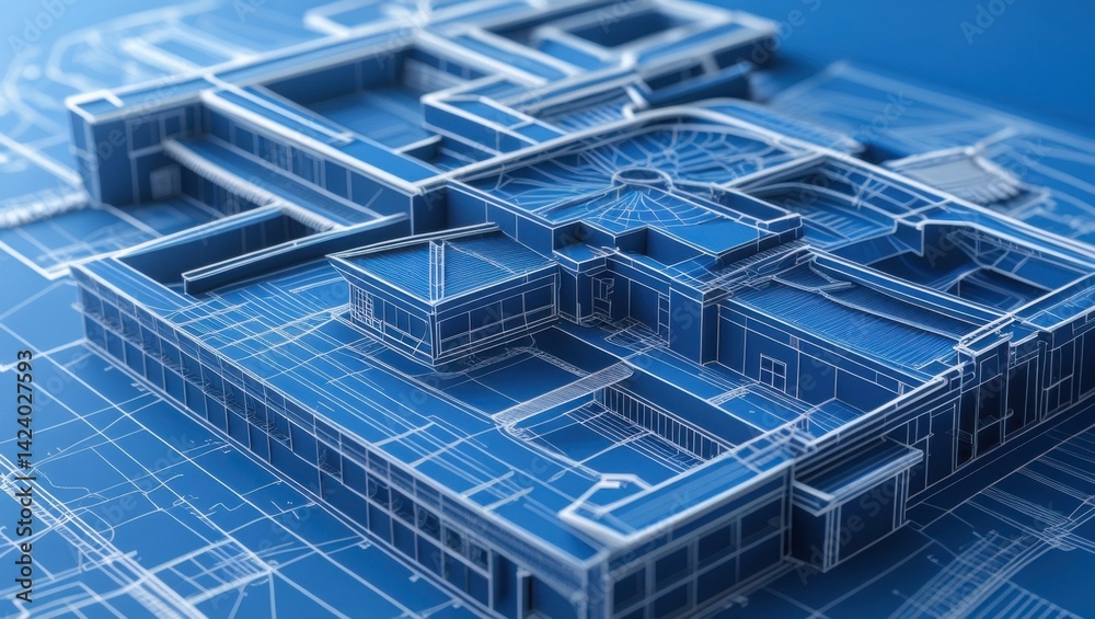 Blueprint Building: A Wireframe Architectural Rendering Blueprint Building: A Wireframe Architectural Rendering