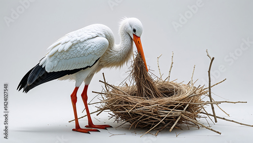 Stork building nest with twigs for new beginning and spring season