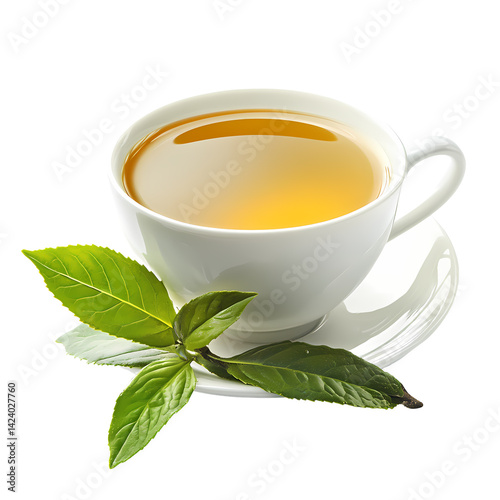 A steaming cup of tea with fresh green leaves, perfect for relaxation and wellness.