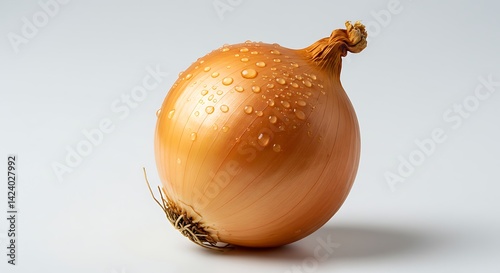 A whole, golden onion with water droplets, perfectly centered on a clean, white backdrop.