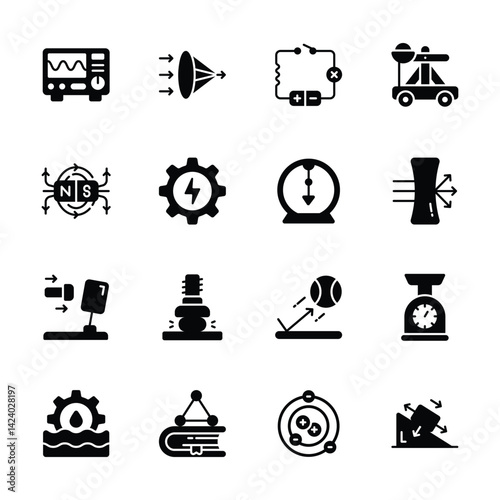 Creatively designed glyph collection depicting physics concepts