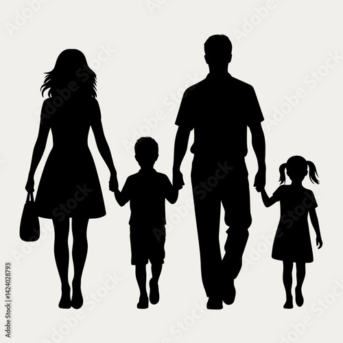 Silhouette Family Walking Together Holding Hands - Parents and Children